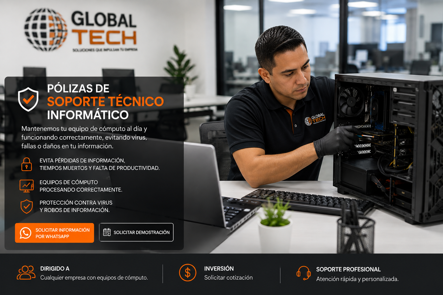 Técnico de Global Tech revisando una computadora en una oficina moderna